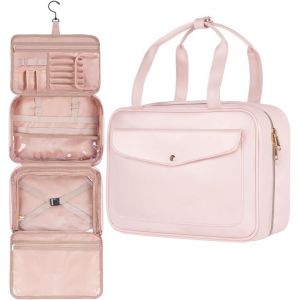 KALANKA-Trousse de Toilette, Trousse de Toilette Voyage pour Femme avec Grande Capacité avec Crochet, Cuir PU Imperméable avec 4 Compartiments, 32 X 24 X 13cm, Rose - Neuf