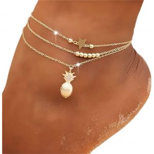 Eryi-Soleil Lune Bracelet Cheville Multicouche Ananas Amour Tortue Cheville Perles D'été Accessoire Plage Pied Femme Fille Bijoux (Chaîne De Pied Ananas Doré) - Neuf