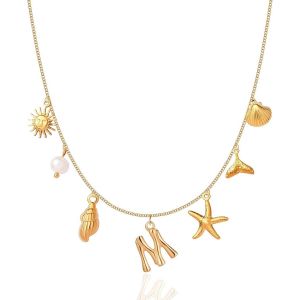 Kal-Colliers À Breloques Initiales Pour Femmes Et Filles, Colliers Plaqués Or 14 Carats Avec Lettres De A À Z, Coquillages, Bohème, Été, Coquillages, Alphabet - Neuf