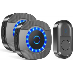 Sonnette sans Fil Exterieur &Eacute;tanche, 300M Sonnette Longue Port&eacute;e avec R&eacute;cepteurs Enfichables, Carillon Electronique Kit pour la Maison, LED Bleu, 55 M&eacute;lodies, 5 Niveaux Volumes, Noir - Neuf