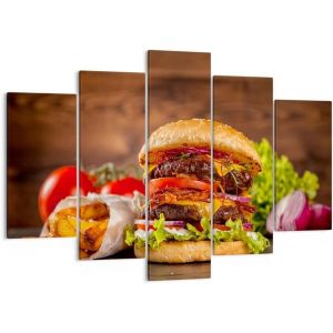 Art mural sur toile - Tableau gastronomique - Hamburger Burger Chips - Impressions sur toile - Impressions artistiques pour décoration de la maison, salon, chambre à couc 200 x 100 cm. (sans cadre) - Neuf
