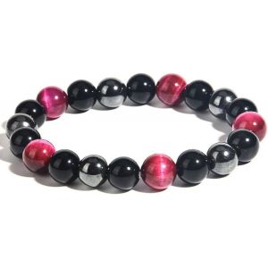 Kal-Bracelet Triple Protection En Obsidienne, Hématite Et Oeil De Tigre -Pierre Naturelle -Cadeaux Pour Hommes Et Femmes -Porte-Bonheur Et Prospérité (8mm) - Neuf