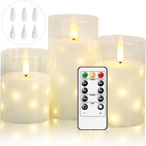 Jgd-Bougies Led Sans Flamme En Verre Avec Guirlande &Eacute;toil&eacute;e Int&eacute;gr&eacute;e, &Agrave; Piles, Avec T&eacute;l&eacute;commande Et Minuterie, Id&eacute;al Pour Mariage, D&eacute;coration Maison - Lot De 3 - Neuf