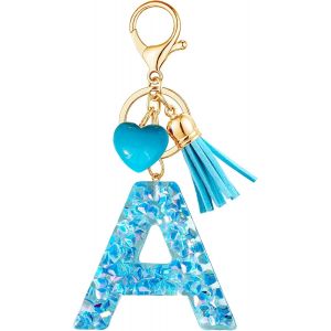 KAL-Porte-Cl&eacute;s Bleu Avec Lettre Porte-Cl&eacute;s Fille Initiale Cadeau Femmes Porte-Cl&eacute;s Coeur D&eacute;corer Pour Sac Sac &Agrave; Dos Porte-Clef Gland Or Porte-Clef Femme A-Z - Neuf