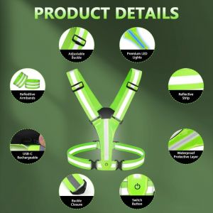 Gilet Réfléchissant Running, Led Sécurité Rechargeable Usb, Gilet Réfléchissant Running À Led Rechargeable,Taille Réglable Avec 2 Bandes Réfléchissantes,8 Modes D'éclairage,Pour Vélo,Moto,Vert - Neuf