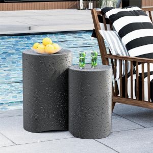 Ulteronixshop-Lot De 2 Tables D'appoint D'ext&eacute;rieur En B&eacute;ton Rondes Avec Pois Mgo Modernes Et Vintage, Tables D'appoint L&eacute;g&egrave;res Et Fonctionnelles Pour Int&eacute;rieur Et Ext&eacute;rieur, Jardin, Terrasse, Bord D - Neuf