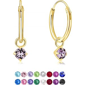 Kal-® Boucles D'oreilles Petites Créoles En Argent Fin 925 Plaqué Or Jaune Avec Petit Pendentif 3 Mm Cristaux De Swarovski® Elements Ronds - Diamètre: 14 Mm - Choix De Différentes Couleurs - Neuf