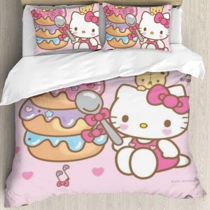 Parure De Lit 3 Pieces Hello Cat Kitty Pour Filles - Housse De Couette R&eacute;versible Avec Taies D'oreiller Et Motif Mignon De Chaton Avec Beignets - Rose Et Mignon - Neuf