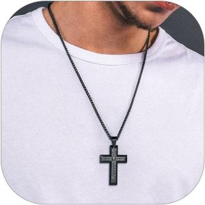 Kal-Pendentif Croix Grav&eacute; Bible Homme Noir Collier Gar&ccedil;on Chr&eacute;tien Homme Collier Chr&eacute;tien Or Avec Cha&icirc;ne R&eacute;glable 55+5 Cm Pour Hommes Femmes - Neuf