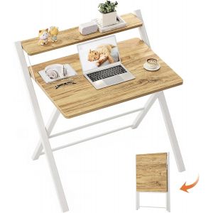 SUBZONAL-Petit Bureau Pliant 70cm, Table Pliable Gaming avec &agrave; 2 Niveaux Rangement, Mini Bureau d'Ordinateur PC Portable pour Petit Espace, Bureau &agrave; &Eacute;criture pour Poste de Travail,Beige - Neuf