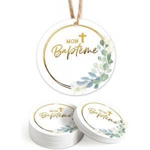 100pcs &Eacute;tiquettes Bapt&ecirc;me Dor&eacute; &Eacute;tiquettes Rond avec Cordon Motif Croix Bricolage pour Emballage de Cadeau Sac Cadeau D&eacute;coration pour Bapt&ecirc;me Baby Shower - Neuf