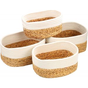Mevronisshop-Lot De 4 Panier Rangement,Panier Tress&eacute;s En Jacinthe D'eau Et Coton,Panier De Rangement Salle De Bain,Cuisine,Corbeille Rangement Panier,Organisateur Bo&icirc;tes De Rangement Pour La Salon,Bl - Neuf