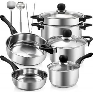 Subzonal-Batterie De Cuisine 12 Pi&egrave;ces, Sets De Po&ecirc;les Et Casseroles Induction, Casseroles, Po&ecirc;les Et Faitouts Inox Avec Couvercles En Verre - Tous Feux Dont Induction, Sans Pfoa, Lavable Au Lave-Vai - Neuf