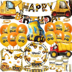 KALANKA-Lot de 80 accessoires de décoration pour anniversaire - Thème chantier de construction - Avec grand véhicule de construction - Ballons en aluminium - Assiettes en carton - Serviettes de table - Neuf