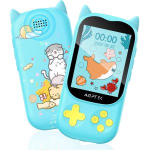 MP3 Enfant Bluetooth 5.3 avec Haut-Parleur, Mignon Chat Design Lecteur 8Go Écran TFT 2,4 Pouces, Baladeur Garçon avec Bouton de Jeu/Volume, Radio FM,Réveil,Carte TF Jusqu'à 128G-Bleu - Neuf