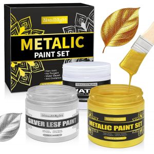 Chenquansarl-Peinture Acrylique Métallisée Or Doré & Argent (2x150ml) - Base D'eau Non Toxique - Pour Artisanat, Travaux Manuels, Argile, Tissu Et Bois - Inclut Vernis + Pinceaux - Kit 3 Pièces Créat - Neuf