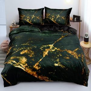 Modern Microfibre Duvet Cover 155 X 220 Cm And 2 Pillowcases 80 X 80 Cm,Green And Gold Marble - Neuf
