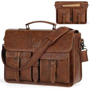 Cartable Homme Sacoche Ordinateur 15.6 Pouces Sac Bandouli&egrave;re Sac A Main Imperm&eacute;able Pu Cuir Artificiel Porte Document Pour Affaires Coll&egrave;ge Marron - Neuf