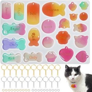 Lot De 21 Moules En R&eacute;sine En Forme De Plaque D'identit&eacute; Pour Animal Domestique Avec 20 Porte-Cl&eacute;s Pour La Fabrication De Pendentifs En R&eacute;sine Pour Chat Et Chien - Neuf