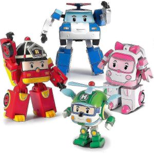 SBSG Robocar Poli, lot de 4 robots transformables Poli, Amber, Roy et Helly, figurine articulée transformable de 10 cm, véhicule d'urgence, Bi Holiday - Neuf