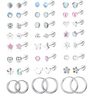 Kalanka-24paires 20g Boucle D'oreille Acier Innoxydable Femme Piercing Oreille Boucles D'oreilles Cr&eacute;oles Flatback &Eacute;toile Lune Cz Piercing Helix Enfant Fille Boucles D'oreille Tragus Daith Helix - Neuf