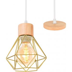 Kal-E27 Plafonnier Industriel Suspension Luminaire Vintage Design Lustre Métal Rétro Forme Cage Ø160mm Éclairage Plafond 40w, Doré (Lustre Avec Bois -1pcs) - Neuf
