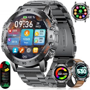 Montre Connectée Homme Militaire, Batterie 530mah, 1,45'' Amoled Montre Intelnte Avec Appel, 100+ Modes Sportifs, Fréquence Cardiaque/Moniteur Sommeil/3atm Étanche Pour Android Ios, Noir - Neuf