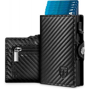 CHENG-Portefeuille Homme Cuir en Fibre de Carbone avec Blocage RFID, Pop Up Porte Carte Homme et Couche de Billets, Poche &agrave; Monnaie Zipp&eacute;e, Portefeuille pour Homme avec Bo&icirc;te Cadeau- Noir - Neuf