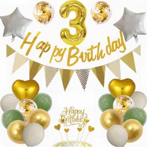 TRAHOO-Ballons décoratifs 3ème anniversaire garçon fille - Vert et doré - Cadeau pour 3 ans - Neuf