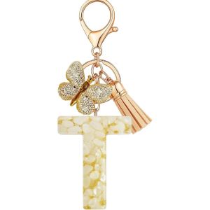 KAL-Porte-Cl&eacute;s Beige Avec Lettre Porte-Cl&eacute;s Fille Initiale Cadeau Femmes Porte-Cl&eacute;s Papillon D&eacute;corer Pour Sac Sac &Agrave; Dos Porte-Clef Gland Or Porte-Clef Femme A-Z - Neuf