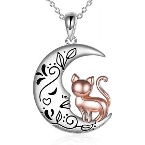 Collier Pour Femme En Argent Sterling Avec Pendentif En Forme De Chat Lune Et Rose,Argent Sterling, - Neuf