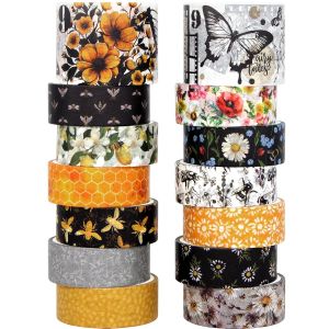 Washi Tape Lot De 14 Rouleaux De Ruban Adh&eacute;sif Washi Vintage Bee Floral Butterfly Botanical Washi Tape,Jaune Et Noir Rubans D&eacute;coratifs Pour Scrapbooking,Junk Journal,Bullet Journaling, - Neuf