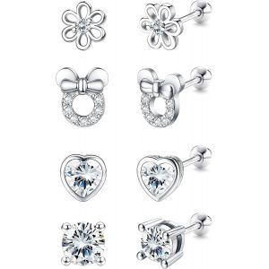 Kal-4 Paires Bboucle D'oreille Enfant Fille Hypoallergénique Forme Coeur Fleur Papillon Zircone Cubique Boucles D'oreilles Femme Argent Sterling 925 Roses Mignonnes Bijoux Pour Cadeau - Neuf