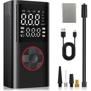 Compresseur à Air Portatif, 150 PSI Gonfleur Pneus Voiture sans Fil avec Toutes Les Valves, Lumière LED, 5 Modes et Arrêt AUT, Gonfleur Electrique pour Voiture, Moto, Vélo, Balle - Neuf