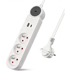 Extrastar Multiprise 3 Prises et Une Prise USB et Une Prise de Type C Chargeur,Bloc Multiprises avec Interrupteur, Rallonge 3m 230 V avec s&eacute;curit&eacute; Enfant pour Maison, Bureau, Blanc - Neuf