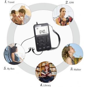 Mini radio portable AM/FM st&eacute;r&eacute;o 2 bandes avec r&eacute;cepteur &agrave; syntonisation num&eacute;rique DSP et &eacute;couteurs rechargeables USB, id&eacute;ale pour la marche. - Neuf