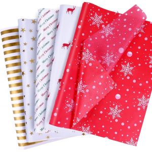 Lot De 100 Feuilles De Papier De Soie De Noël 50 X 35 Cm - Assortiment De 5 Motifs - Rouge, Doré Et Blanc - Pour Sacs Cadeaux, Travaux Manuels, Emballages Cadeaux, Noël, Nouvel An, Vacances D'hiver - Neuf