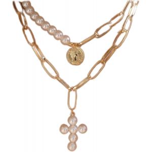 Kal-Collier Pendentif Croix En Perles Vintage Collier Ras Du Cou En Perles Superpos&eacute;es Colliers De Cha&icirc;ne Trombone En Or Collier De Pi&egrave;ces De Monnaie Grav&eacute;es Collier Ras Du Cou Bijoux Pour Femmes - Neuf