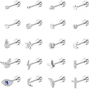 Kal-Hypoallerg&eacute;nique Boucles D'oreilles Femme Acier Chirurgical Cartilage Boucle D'oreille 20g Petit Piercing Helix Cz Etoile Papillons Lune 20pcs Or Argent Noir - Neuf