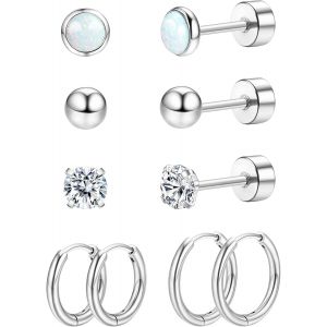 Kal-Paires Boucles D'oreilles En Titane Pour Femme Homme G23 Titane Stud Boucles D'oreilles Opale Zircone Cubique Oreilles Piercing Hypoallerg&eacute;nique Titane Boucles D'oreilles - Neuf