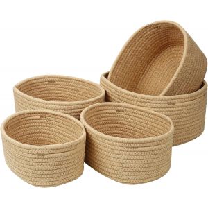 Lot de 5 Panier Rangement, Panier de Rangement,Salle de Bain Corbeille Enfan, Corbeille Rangement pour Salle de Bain, Cuisine, Organisateur Empilables à Usages Multiples(Jute) - Neuf