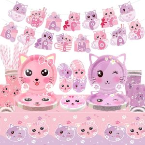 Tianyi-Ensemble De Fournitures De Fête D'anniversaire Pour Chat Comprenant Une Bannière « Happy Birthday », Des Assiettes, Une Nappe, Des Tasses, Et Des Pailles Pour Décorations De Fête - Neuf
