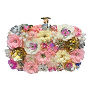 Pochette de soiree fleurie, sac a main fleuri colore, sac a main a cha&icirc;ne en forme de fleur 3D pour femme, ideal pour les mariages, les bals de fin d'annee et les soirees (rose) - Neuf