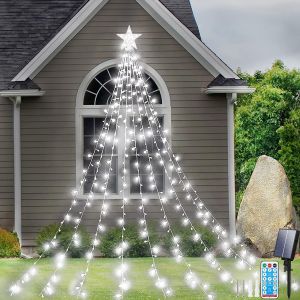 KAL-Guirlande Lumineuse Solaire Pour Sapin De Noël, 2M X 9 Brins 198Led Guirlande Lumineuse Avec Étoile & 8 Modes, Télécommande, Étanche Lumineux Sapin De Noel Pour Jardin, Fête De Mariage - Neuf