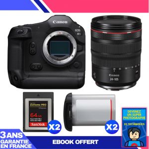 Boitier Canon EOS R1 + RF 24-105mm f/4 L IS USM + 2 SanDisk 64GB Extreme PRO CFexpress Type B + 2 Canon LP-E19 + Ebook 'Devenez Un Super Photographe - Neuf