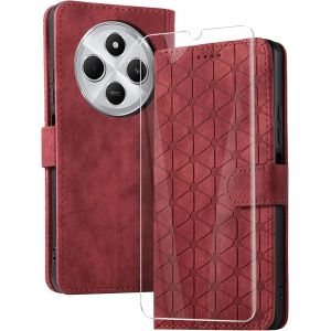 KAL-Coque Pour Xiaomi Redmi 14C 4G / Redmi A4 5G Avec Verre Tremp&eacute;,Housse En Cuir Pu Porte Carte Portefeuille, Etui De Protection &Agrave; Rabat Magn&eacute;tique,Pochette Fermeture Anti-Choc - Rouge - Neuf