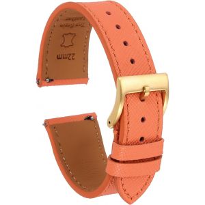 Kal-Bracelet De Monture En Cuir V&eacute;ritable 22mm Avec Boucle En Acier Inoxydable Dor&eacute; Pour Hommes Femmes, Orange - Neuf