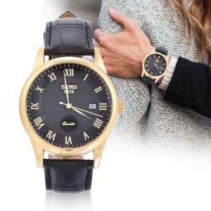 Montre-Bracelet A Quartz Analogique Ronde Pour Couple Avec Bracelet En Cuir (Cadran Noir Pour Homme) - Neuf