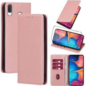 KAL-Coque Cuir Pour Samsung Galaxy A20E Avec 1 Verre Tremp&eacute; Etui &Agrave; Rabat En Pu Porte-Cartes Portefeuille Support Flip Housse Magn&eacute;tique Antichoc Anti-Rayures Case 5.8"",Rose-Gold - Neuf