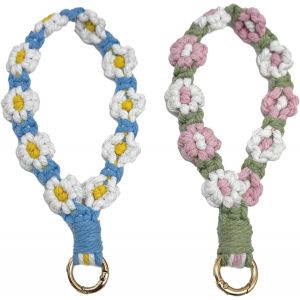 KAL-Porte-Clés En Macramé Tricoté Marguerites - Porte-Clés Bohème Fait À La Main - Pendentif Bohème Fait À La Main - Neuf
